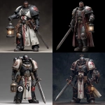**make a black Templar warrior from warhammer 40k. He’s in a fighting stance. Make him look like a crusader/knight. Make him holding a lantern in one hand and a broad sword in the other. Hyper realistic.** - <@697562114692218901> (fast)