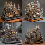 **a complicated, intricate, highly detailed desktop steampunk machine, made from different metals, steel, brass, rubber, titanium, gears, cogs, lights, steam whistles, govenors, pipes, sitting on a work bench** - <@1367203363514486854> (fast)
