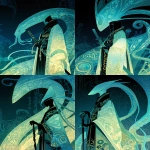 **A vibrant anthropomorphic scyphozoa, pale blue translucent skin, graphic novel cover, line art style, tentacle aesthetics, jelly nucleus, dark background, Kawacy, Tetsuya Nomura, Peter Mohrbacher --p 552yful --s 300 --ar 2:3 --niji 6** - Variations (Strong) by <@348134085279088651> (fast)
