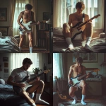 **a guy rocking his electronic guitar at home in his boxershort, he is wearing white socks and a loose white t-shirt, super realistic photo, HD** - <@1125339774677426227> (fast)