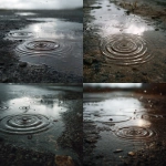 **A cinematic, ultra-realistic close-up of raindrops falling into a shallow puddle on a rough concrete road. Multiple concentric ripples spread across the water surface, overlapping naturally. The ground texture is wet, gritty, and uneven, with subtle reflections of the cloudy sky visible in the puddle. Soft diffused natural light, overcast monsoon atmosphere, muted grey and earthy tones. High detail water physics, realistic ripple patterns, shallow depth of field, photorealistic textures, calm yet moody pre-monsoon feel, 4K ultra-realistic quality.** - <@1310497705784643657> (fast)