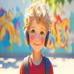 **a medium shot of a realistic illustrated happy 7-year-old Caucasian male student from America, they have a well-defined nose and a well-defined jawline, they have green eyes and curly blonde hair, they stand with their head and neck and shoulders completely square to the camera and facing forward, their entire body is facing forward, they wear a backpack, they have headphones on their head, they stand in front of a white wall with bright graffiti art spray painted on it, it is daytime, the sun is shining bright, high-definition, anime-style, --ar 16:9 --niji 6** - Image #2 <@1065025086664474674>