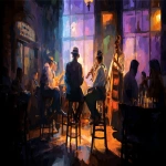 **people playing bossa nova, in a jazz club in Harlem renaissance, seated on a mahogany stool, at sunset, in abstract art by leonid afremov, alcohol ink and gouache style, stained glass --ar 16:9 --v 7.0** - Image #2 <@1054482006731395092>