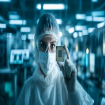 **photo, photo real, realism, film photo, 35mm, film grain, fujifilm, portrait, F1.4, Natural light, dramatic light, modern, reflections, science, white and bright color pallette, a woman engineer in a semiconductor clean room holding up a new microchip design, cinematic, --ar 16:9** - Image #3 <@947348620636729354>
