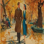 **vintage illustration of an american couple in love, walking hand-in-hand through the park on a fall day with colorful leaves falling around them. the man is wearing an overcoat and black shoes, while the woman wears a long coat with a blue top underneath it and a hat. they both have happy expressions. in the background, there are people sitting on benches and trees with autumn foliage. --ar 64:35 --v 7.0** - Image #4 <@1142201622697623682>