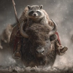 **a hyper realistic photo of a raccoon riding a bison into battle** - Image #4 <@543986060485459972>