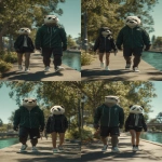 **Hyper-realistic cinematic photograph of a male otter animal the male otter is wearing a dark pine green nike windbreaker zipped up all the way and black nike running shorts and all white nike sneakers walking alongside a short latina female black and white panda with a female black and white panda head and short brown latina skin the short female panda is wearing a black nike windbreaker jacket and black shorts and all black low top VANS sneakers shoes walking around a park full of oak trees along a teal green rivers edge of a park --v 7.0 --aspect 2:3** - Variations (Strong) by <@836732642534752269> (fast)