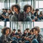 **Ultra-realistic documentary-style photograph of African American and Hispanic adolescents ages 11-13 sitting together in a modern, with one sitting center looking directly at the camera. Well-lit indoor space, casually using smartphones and tablets. The group includes boys and girls of different ethnic backgrounds, natural facial expressions, relaxed body language, age-appropriate clothing, subtle interaction and shared attention on screens. Soft natural window light, realistic skin texture, shallow depth of field, professional DSLR photography, 50mm lens, high dynamic range, candid moment, contemporary educational setting. No exaggerated features, no stylization, no illustration, no cartoon look. Photorealistic, authentic, human, editorial photography style.** - Variations (Strong) by <@950771113464569916> (fast)