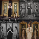 **Blond woman on the set of classic game show, holding a microphone, with three human sized snakes standing in front of doors marked 1, 2, and 3** - <@820024234734518302> (fast)