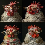 **A detailed painting of a chicken wearing a red and white polka dot headband and large glasses, with its tongue sticking out, against a black background. --ar 4:7 --v 6.0 --s 250** - <@756269320539209761> (fast)