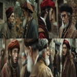 **a young renassaince man with a red hat talking with an old jewish rabbi, 15th century, editorial cinematic , detailed photography, muted colors, dutch angle, Hasselblad X1D --ar 16:9 --v 6.0** - <@1112759513444003931> (fast)