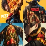 **magazine cover of "PIZZAZZ" featuring an analog shot of minimal male model in handsome black and neon yellow sumi-e decoupage pattern of pizza ingredients fashion design on a yohji yamamoto kimono, by fernando botero, minimal figure, film grain --ar 8:5 --sref 407684666 --stylize 1000 --niji 6** - <@1121310536559243315> (fast)