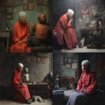 **Oil painting, moody lighting, prominent brush strokes, elderly grey haired Chinese woman dressed in a tattered and dirty red Qun Kwa wedding dress, robot companion, cat, Zhang Xiaogang's style, Painting on wall, family photographs, gazing into a dirty mirror in a dingy apartment, by Zhang Jingna, , melancholic atmosphere, cat, tattered robot companion, laptop computer --ar 5:4 --v 7.0 --no star wars characters --chaos 3** - <@988364629556199494> (fast)