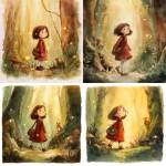 **A soft watercolor illustration of a young girl named Marichka, walking curiously into a magical forest. She is about 6 years old, with shoulder-length chestnut brown hair tucked behind her ears, wearing a red knee-length dress, brown leather shoes, and white socks. She carries a small satchel over one shoulder. The forest is bathed in warm golden light, with tall mossy trees, glowing fireflies, and a few mushrooms near her feet. A red squirrel peeks from behind a tree. The scene should feel gentle, enchanting, and childlike. Keep Marichka’s appearance consistent for use in all future illustrations.** - <@930035377408987136> (fast)