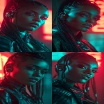 **realistic cyberpunk black female, at night, with neon lights in the background, red and turquoise. Strong light from above, on the face. High contrast. The female is looking towards the camera 3/4 view, she has braids, glowing eye cyber gear and an ear piece --ar 9:16** - Variations (Strong) by <@1174469651695144981> (fast)