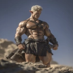 **Realistic 3d rendering. Full body portrait of ruggedly handsome, Hyper muscular handsome elf, bright silver eyes, short curly blonde hair, short pointed ears, defined muscles, pronounced features, hyper muscular, wide Grecian nose, strong square jaw, defined cheek bones, masculine features, freckles. Bodybuilder. wearing a tight short leather skirt. His oiled skin glistens under intense studio lighting. A strong camera flash highlights the shine on his muscles, creating bright reflections on his body, arms, and thighs. Retro fitness photography style, slightly exaggerated lighting contrast, 90s magazine aesthetic, center-framed, studio portrait shot. Standing and posing in a sunny rocky field. --ar 5:6 --v 7.0** - Image #1 <@1222981214734913607>