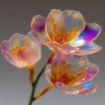 **photograph and ultra high resolution photograph of a stem of orchid blooms. Use a delicate and transparent liquid glass sculpture and texture. Keep its shape and silhouette recognizable with no deformation or twists. Ensure the orchids are designed with a glass like appearance that is pristine, strong, iridescent and reflective and crystal clear. Use vivid rainbow flares and refractions of light that catch the eye at the edges and curves. The glas surface should be uniform and have a light and neutral gray tone. Ensure soft edged light is used and a simple white background can be distinguished behind --ar 4:5 --raw --stylize 600 --c 18** - Image #4 <@1083674863752978512>