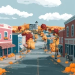 **simple flat illustration of a of a small town in the fall. With a street going down little shops. Same vibes as Gilmore Girls. some pumpkins in the background. Bright fall colours** - Image #4 <@1183849741679861822>