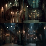**screencap of a scene taken from the movie "ai". join us as we explore a node, set in an industrial building with high ceilings and many stairs leading to different floors, and an entrance door labeled "odd haircut". the interior is dimly lit by hanging lights and has a spiral staircase going up towards another room. the scene should feel like it was shot on film, capturing its unique atmosphere and architecture, in a cinematic style. --ar 2:1** - <@554549579131912202> (fast)