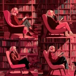 **an abstract illustration of a female with dark blonde hair wearing headphones, sitting in a reading nook with a pink and red aesthetic surrounded by bookshelves and sitting in a chair reading a book** - Variations (Strong) by <@387852951244374018> (fast)
-# Create, explore, and organize on [midjourney.com](<https://midjourney.com/imagine?from_discord=1>)