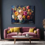 **colorful, large bouquet of flowers in a vase on the wall, living room interior with a sofa and coffee table, an oil painting with a dark blue background, vibrant colors, and golden accents. a large canvas print for home decor with the text "rasyar sani" at the bottom center. --ar 128:125** - Image #3 <@1313000520759377972>