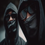 **2 St. Louis Based black Rappers, wearing all black, black masks and hoods, gloves, up close and personal 8k professional photography shoot for an album cover, low light night time dynamic and cinematic --ar 16:9 --v 7.0 --raw** - Image #3 <@1060379121521279086>