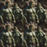 **Realistic 3d rendering. Full body portrait of two characters. ruggedly handsome, Hyper muscular handsome twin green skinned orcs, bright silver eyes, short curly redred hair, short pointed ears, defined muscles, pronounced features, hyper muscular, wide Grecian nose, strong square jaw, defined cheek bones, masculine features, freckles. Bodybuilder. wearing a tight short leather skirt. His oiled skin glistens under intense studio lighting. A strong camera flash highlights the shine on his muscles, creating bright reflections on his body, arms, and thighs. Retro fitness photography style, slightly exaggerated lighting contrast, 90s magazine aesthetic, center-framed, studio portrait shot. Standing and posing in a sunny rocky field. --ar 1:1** - Zoom Out by <@1222981214734913607> (relaxed)
