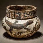 **add a thin-line stylized lizard (gecko-like) procession band around the neck, small scale, evenly spaced, geometric, non-sacred, black-on-white; remove the single central lizard motif; replace lower band with step-frets and chevrons; hairline, delicate, low-contrast; weathered matte slip; not cartoon, not dinosaur** - Image #1 <@1081749564803010630>