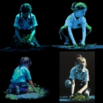 **simple painting of a school girl on her knees gardening, facing forward front-on, school logo clearly visiable on front of shirt, black background, backlit blue and green --v 7.0** - <@696956474584334417> (fast)