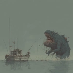**A fish on a boat trying to eat the fish that was caught on the fishing rod. A fish trying to eat more. A monster whale trying to eat the boat. --s 250 --p 1r2sszs** - Image #1 <@1004623316897771571>