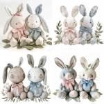 **Two adorable stuffed toy rabbits, soft watercolor style, pastel colors, one with a pink bow and the other with a blue bow, plush fabric texture, slightly worn and stitched details, sitting on soft leaves, cute and charming expressions, highly detailed and whimsical, white background, no additional elements --v 6.0** - <@1227003593262108705> (fast)