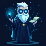 **Futuristic legal wizard mascot, glowing blue eyes, wearing a judge robe mixed with a wizard cloak, holding a digital scroll and a smartphone, cartoonish but clean, high-tech magical vibe, flat design - vector art --s 250** - Image #3 <@844314166369583134>