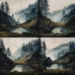 **mystical pine forest aquarell drawing, dark, foggy, hills, valley with rocks and small lake** - Variations (Strong) by <@1065245785324781629> (fast)