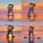 **a young couple in love, hugging on the beach at sunset, with an oil painting-style, warm colors, and a dreamy atmosphere. the man is wearing jeans and a white shirt, while she wears blue shorts and a hat. they stand close together, smiling and holding hands as they kiss. in front of them lie their shoes, reflecting the vibrant hues of orange, pink, yellow, and purple from the setting sun. their eyes sparkle with joy, in the style of a romantic painting. --ar 9:16** - <@1220684338807439425> (fast)