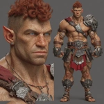 **Character design sheet. Realistic 3d rendering. Character design sheet of a ruggedly handsome, Hyper muscular handsome half orc, bodybuilder, bright silver eyes, short curly red Mohawk, short pointed ears, defined muscles, Huge leg muscles, huge pectoral muscles, big arm muscles, vascular hyper muscular, wide Grecian nose, strong square jaw, defined cheek bones, masculine features, freckles, Bodybuilder, short pointed ears, wearing Roman gladiator armor. --v 7.0** - Image #1 <@1222981214734913607>