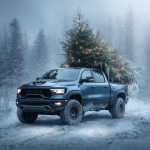 **Dodge Ram Rebel loaded with a tall Christmas tree in the bed, icicles forming along the edges, cold blue winter tones, stunning realism, crisp tire detail, cinematic holiday adventure scene. --v 7.0** - Upscaled by <@692393901872644097> (fast)