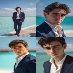 **A 45-degree angled view of an exceptionally handsome young CEO in his early 20s, standing at a luxurious outdoor café in the Maldives. His flawless, sun-kissed skin, sharp jawline, and high cheekbones create a perfectly balanced, photogenic face. His deep brown eyes are large, expressive, and slightly dreamy, paired with a subtle, confident smile that radiates charisma. His straight nose, well-defined lips, and elegant masculine features exude sophistication. His dark brown hair is naturally wavy and perfectly styled. He is wearing a perfectly tailored slim-fit navy suit with a crisp white shirt, open collar, and polished brown leather shoes, looking effortlessly stylish. The turquoise ocean and clear, sunny sky provide a serene, expansive background, with soft sunlight accentuating his handsome, youthful, and captivating aura. --ar 2:3 --q 2 --raw --v 7.0** - <@1359023626493366362> (fast)