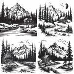 **Black and white vector graphic of a cabin in the woods with mountains, trees, and a river. The design is simple, with bold lines, high contrast, and bold outlines. The image is high resolution, with clean lines and a woodcut-style, hand-drawn illustration. There are no background details, creating a high-definition, minimalist aesthetic. --ar 64:45 --v 6.0 --s 250** - <@756269320539209761> (fast)