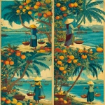 **Vintage travel poster of Vietnam, in the style of French colonial style, with vibrant colors, palm trees, and a woman in a conical hat with a basket on her back holding scales near a river or sea shore. Exotic fruits and spices surround the scene. --ar 4:5** - Variations (Strong) by <@1087659452318093385> (fast)