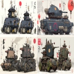 **a dnd style concept art with Ashley Wood details of two feudal japan wooden and old iron nuclear powered main battle tanks, Japan Meiji era armada, have different number in the body, same size but not identical, dark industrial scifi style, labeled as armada best units, black-sand color with navy accents and small hi-viz lime and red hazard markings, mechanical details, Japanese characters graffiti on the turret, realistic look, moody atmosphere, a little bit foggy, signal towers, various size nobori, various size lanterns, robotic-mechanical arms, have japanese anime mural on the body, signal cabbles, on a white background in the style of Studio Ghibli and Makoto Shinkai, cel-shaded, full-body, cartoon, 2D game art --ar 11:5 --v 7.0** - <@1043498067623686144> (fast)