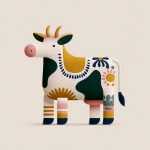 **highly stylized vector illustration of a cow with exaggerated and disproportionate body parts thick legs, small head, large udder, abstract shape. Playful and surreal design, inspired by naive art and folk patterns. Flat colors, bold outlines, decorative repeating motifs on the body. Simplified geometry, minimal background, white backdrop. --v 7.0 --p xjpwkw8 --raw** - Image #4 <@1131234128856096839>