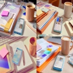 **a photograph of an iphone on a clean work desk in the office with a binder full of papers on the desk, post its and pen, half-drank coffee mug in the background. the phone should take up about half the visual space. the photography style is colourful and editorial, colour palette should be warm and inviting. <https://s.mj.run/rKHgZ_tEZGE> --ar 16:9** - <@676493813367177236> (fast)