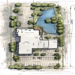 **illustrated site plan showing building setbacks, height restrictions, parking areas, and landscape buffers, technical drawing style with annotations, architectural presentation quality --ar 1:2** - Image #2 <@794327127260266516>