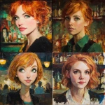 **a painted portrait of a woman with strawberry blonde hair and green eyes. She is smart and witty but a little naive. The background is of a bar or club. --v 7.0** - <@705576913632100503> (fast)