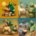 **A white woman in Africa with Oprah Winfrey holding corn to the left of her and a green bear like creature holding popcorn. Above the white woman is a hay bale flying** - Remix (Strong) by <@846201883139375114> (turbo)