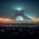 **A breathtaking cinematic night scene in Tehran. A massive, peaceful crowd surrounds the Azadi Tower in complete darkness. Thousands of people hold up their phones, creating a sea of warm white lights forming a perfect circle around the monument. The Azadi Tower stands in the center, monumental, softly illuminated, calm and timeless. No faces visible, only silhouettes unity over individuality. Atmosphere is silent, emotional, sacred, and powerful. Subtle mist in the air, deep shadows, dramatic contrast. Ultra-realistic photography, cinematic lighting, long exposure look, high detail. Shot from a high aerial perspective, epic scale. Mood: hope, resilience, quiet strength, goosebumps. --ar 9:16** - Image #4 <@1243161661557309564>