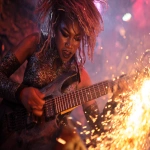 **heavy metal femmerock reptilian 80s hair bandsaw sawing through electric guitars, sparks and debris flying everywhereas the band plays down with the thickness --p djcuvnt --ar 4:3** - Image #4 <@948741381743083580>
