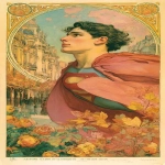 **a movie poster illustration of a handsome masculine Belle Epoque Superman flying towards camera over 1890s New York City streets and architecture in the fall by Alphonse Mucha --no women, flowers, long hair, pink --chaos 35 --ar 6:11 --raw --sref <https://s.mj.run/u8Un1033BRo> --sw 999 --oref <https://s.mj.run/FlKAAptnmkQ> --ow 100 --stylize 666 --v 7.0** - Image #2 <@1366189490561093734>