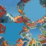 **illustration of colorful houses in the style of marimekko, looking up from below, circular perspective, clear blue sky in the background, with garlands above the roofs. --ar 85:128** - <@887290959732305930> (fast)