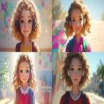 **a medium shot of a realistic illustrated happy 7-year-old Caucasian female student from America, they have a well-defined nose and a well-defined jawline, they have green eyes and curly blonde hair, they stand with their head and neck and shoulders completely square to the camera and facing forward, their entire body is facing forward, they wear a backpack, they have headphones on their head, they stand in front of a white wall with bright graffiti art spray painted on it, it is daytime, the sun is shining bright, high-definition, anime-style, --ar 16:9 --niji 6** - <@1065025086664474674> (relaxed)